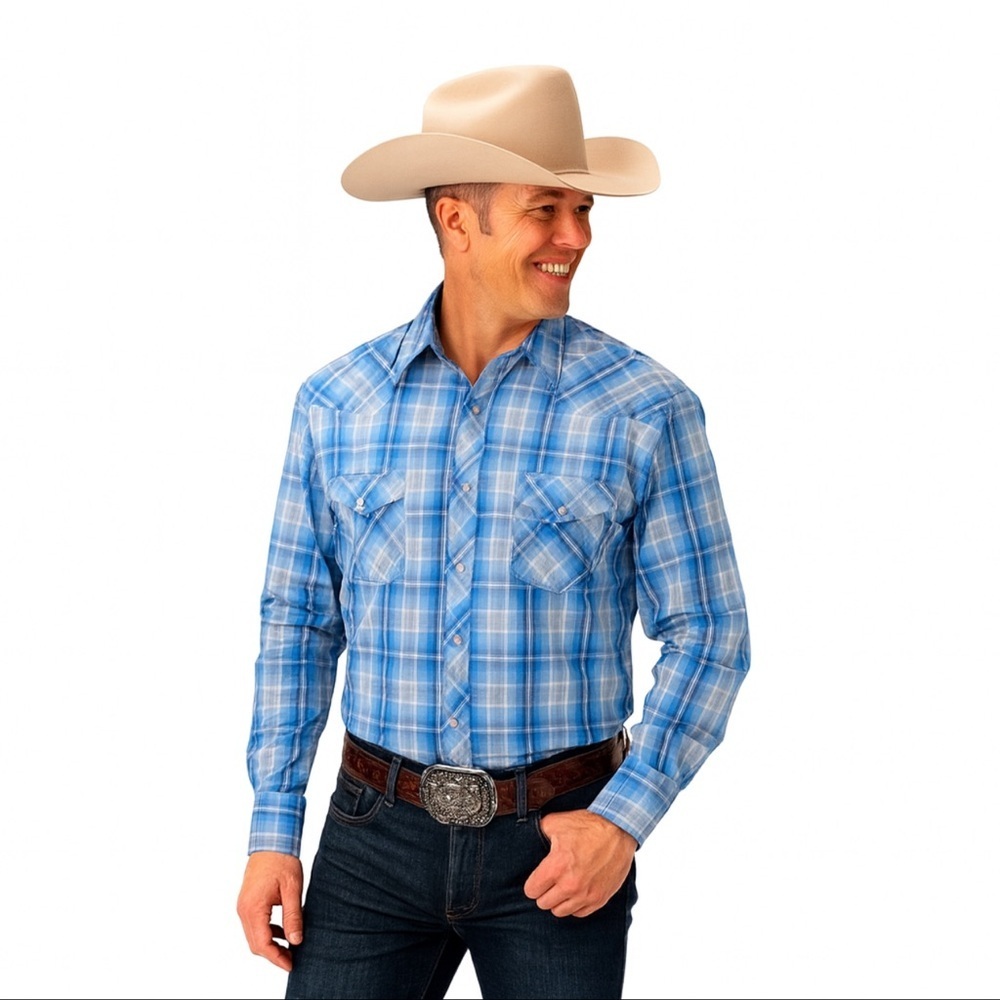 Wrangler Men’s XL Blue Plaid Western Snap Shirt Long Sleeve Cowboy Style